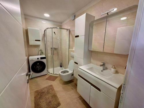 a bathroom with a shower and a toilet and a sink at Vranac Country house Šibenik in Donje Polje