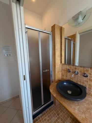 a bathroom with a shower and a black sink at Terme Palace Hotel in Montecatini Terme