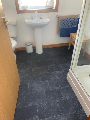 a bathroom with a sink and a toilet at Sineag's Cottage in Pollachar