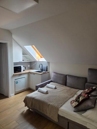 a bedroom with a bed and a small kitchen at Zatrzymaj Się in Stronie Śląskie
