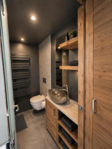 a bathroom with a sink and a toilet at Seechalet Kranich in Roding