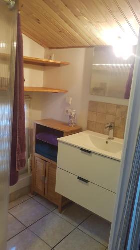 a small kitchen with a sink and a bed at Relaxing Gite aux fil de l'eau in Sainte-Colombe-sur-lʼHers