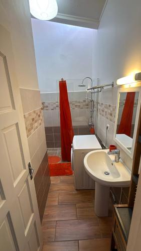 a bathroom with a sink and a toilet and a mirror at Pépite Anses in Les Anses-dʼArlets