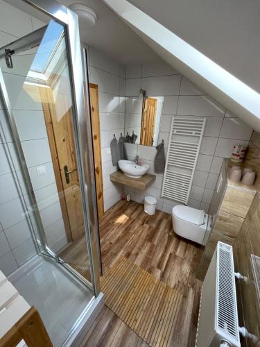 a bathroom with a shower and a sink and a toilet at Chalupa Chotár in Terchová
