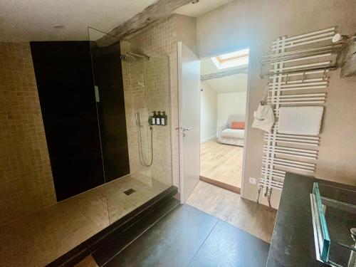 a bathroom with a walk in shower and a sink at La Sénéchalerie - Chambres d'hôtes in Chasselay