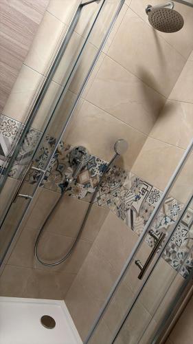 a shower with a glass door in a bathroom at Croatia Palace - Ravna Gora in Ravna Gora