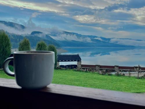 a coffee cup sitting on a window sill with a view at Cabana Panoramic Bicaz in Hangul