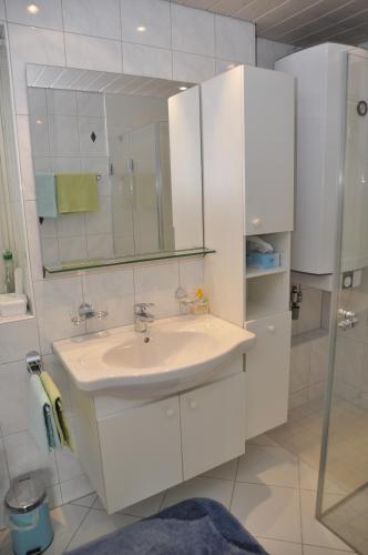 W białej łazience znajduje się umywalka i lustro. w obiekcie Ferienhaus Bifang w mieście Feldkirch