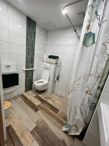 a bathroom with a toilet and a shower curtain at Studio au Fil de l'eau in Langatte