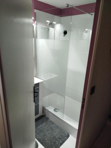 a white bathroom with a shower and a tub at Le reflet de Cabourg avec accès direct plage in Cabourg