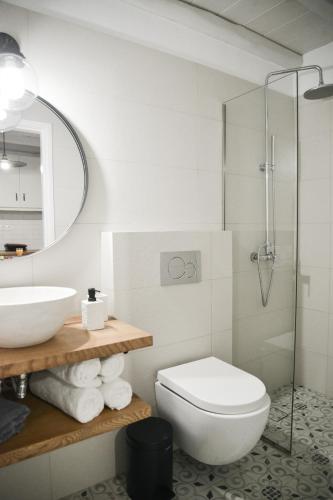 a bathroom with a sink and a toilet and a mirror at Kastro View Apartment in Plaka Milou