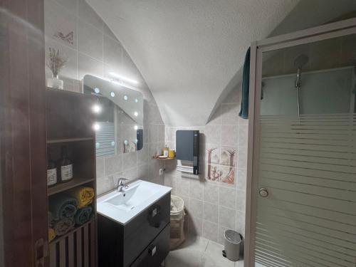 a bathroom with a sink and a shower at Le Secret d'Adèle in Chateauroux-les-Alpes