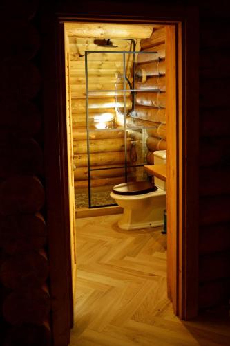 a bathroom with a toilet in a log cabin at Cottages Vakhrama in Abastumani