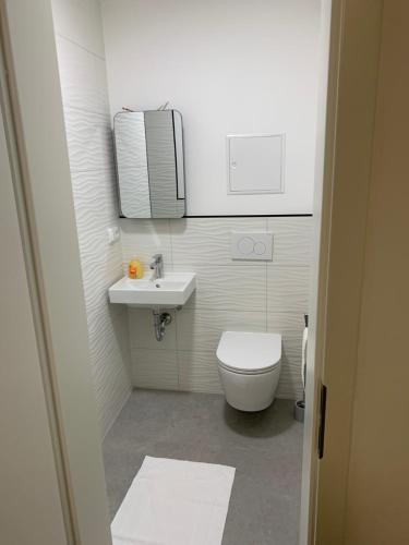 a white bathroom with a toilet and a sink at Apartments Adelheid in Wathlingen