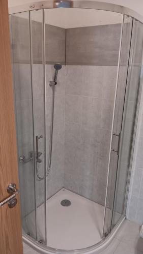 a shower with a glass door in a bathroom at Una Relax Apartment - Naturally Cool - North-Facing - Near the River in Bosanska Krupa