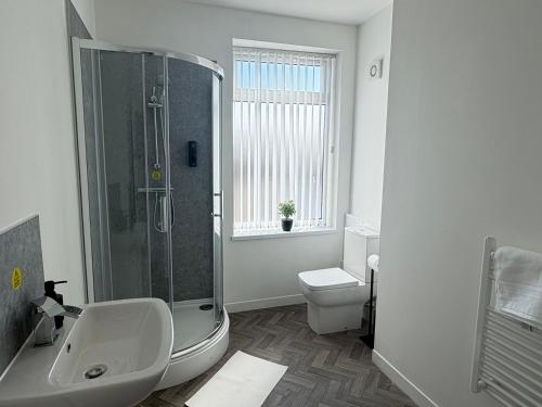 a bathroom with a shower and a sink and a toilet at Seaside Apartments Redcar in Redcar