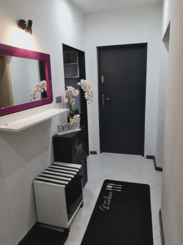 a room with a black door and a mirror at Blackapartment2Kawalerka in Olsztyn