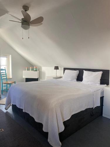 a bedroom with a large bed with a ceiling fan at Het Molenaarshuis in Vijverbroek