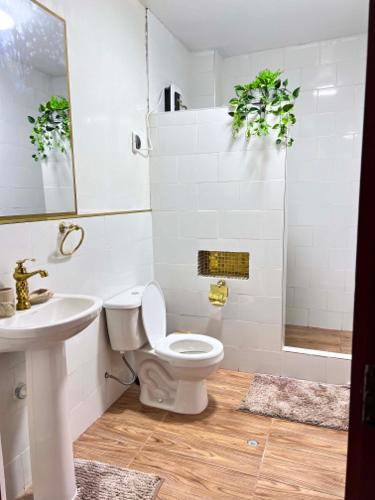 a bathroom with a toilet and a sink and a shower at La Casa Rustica in Puerto Chicama