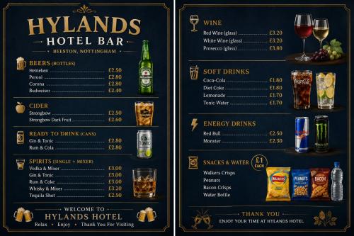 a menu for the hylands hotel bar at Hylands Hotel Double Room with Shared Bathroom & Free Parking in Nottingham