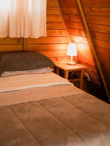 a bedroom with a bed and a table with a lamp at Refúgio Suiço em Vargem Alta in Vargem Alta