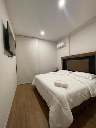 a bedroom with a large white bed and a flat screen tv at Guadalajara American visa - 2 bedrooms in Milpillas