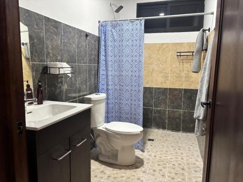 a bathroom with a toilet and a sink and a shower at Demi Apartment in Zaachila