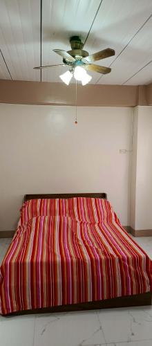 a bed in a room with a ceiling fan at Melinda place in Camarin