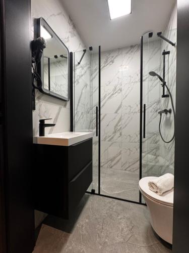 a bathroom with a shower and a sink and a toilet at Maritime Łeba in Łeba