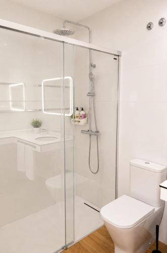 a white bathroom with a shower and a toilet at Malladoura Passive House in Porriño