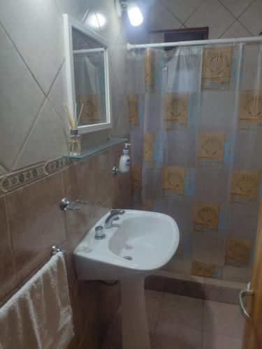 a bathroom with a white sink and a shower at Quinta Los Sauces in Nueve de Julio