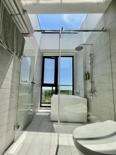 a bathroom with a tub and a toilet and a shower at 有風別院民宿 登記編號3098 in Dongshan