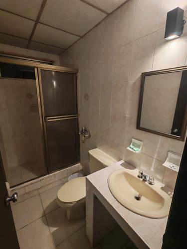 a bathroom with a sink and a shower and a toilet at Santa lucia in Panama City