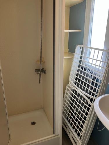 a bathroom with a shower and a sink at CAMPING de la BUGE in Rochefort-Montagne