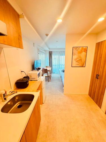 a kitchen with a sink and a living room at Simplex-Iriya in Tokyo