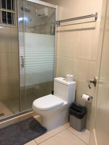 a bathroom with a toilet and a glass shower at The Pier Beach Inn & Suites in Willemstad