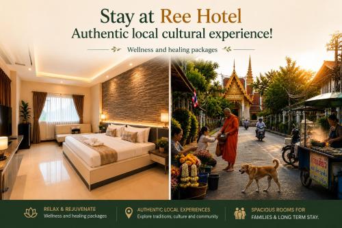 a collage of two pictures of a hotel room at Ree- Riverside hotel in Bangkok