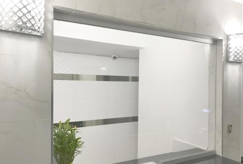 porta scorrevole in vetro in bagno con pianta di Ramsey Inn & Suites a Ramsey