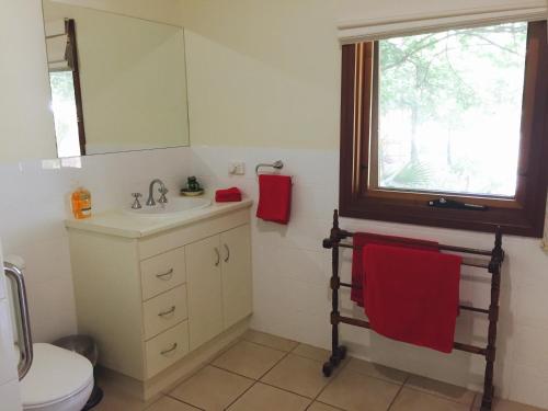 baño con lavabo y aseo y ventana en Clarevale Cottage B&B, en Clare