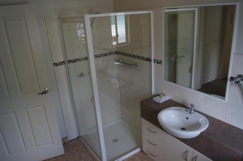 a bathroom with a shower and a sink and a mirror at Tooleybuc River Retreat Villas in Tooleybuc