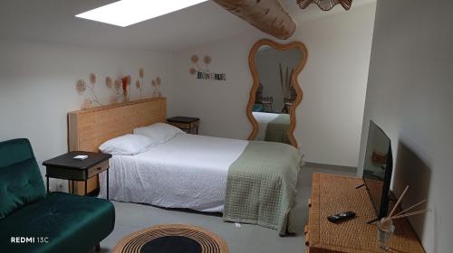 a bedroom with a bed and a tv and a chair at le Cocon du Causse in Causse-de-la-Selle