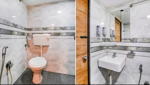 two pictures of a bathroom with a toilet and a sink at Hotel Baghdad Palace in Mumbai