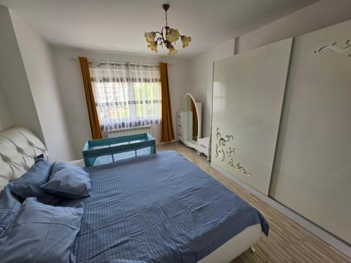 a bedroom with a blue bed and a window at Struga Alpha House in Struga