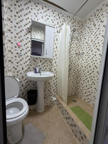 a bathroom with a toilet and a sink and a shower at Moonlight in Cholpon-Ata