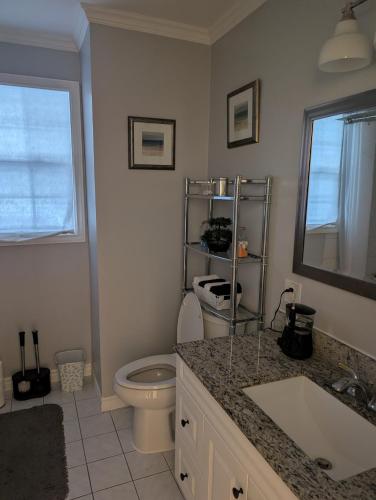 a bathroom with a toilet and a sink and a mirror at St Andrews Guest Home in St. John's