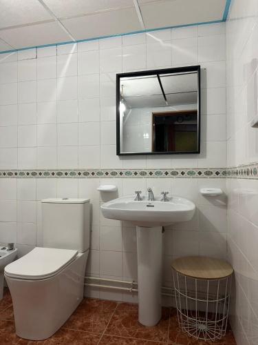 a bathroom with a toilet and a sink and a mirror at Casa Castillo in Moratalla