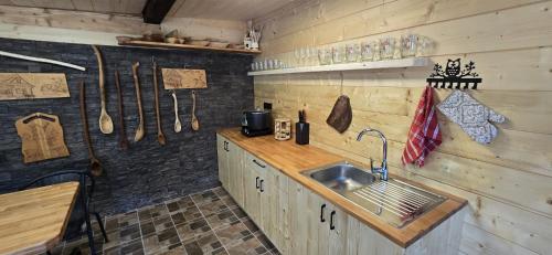a kitchen with a sink and a wooden wall with utensils at Farma pod Skalkou in Heľpa