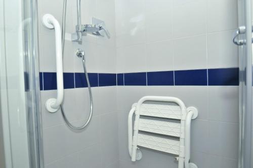 a shower in a bathroom with blue and white tiles at Torino 1854 Affittacamere in Turin