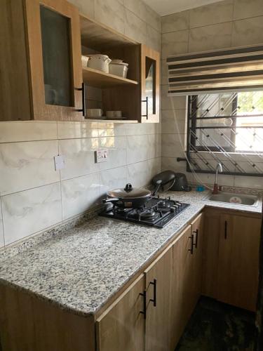 a kitchen with a stove and a counter top at PLV Apartment in Ilorin