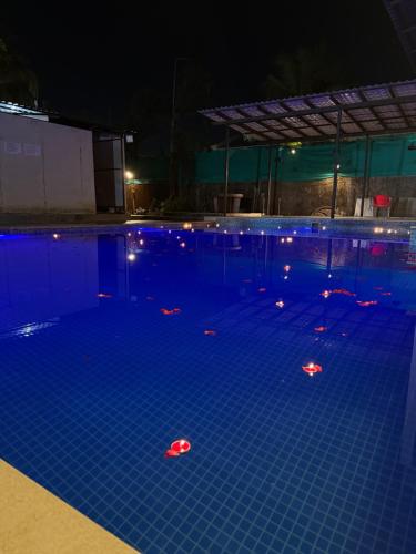 a swimming pool at night with lights in it at shreeraj farms in Kolshet